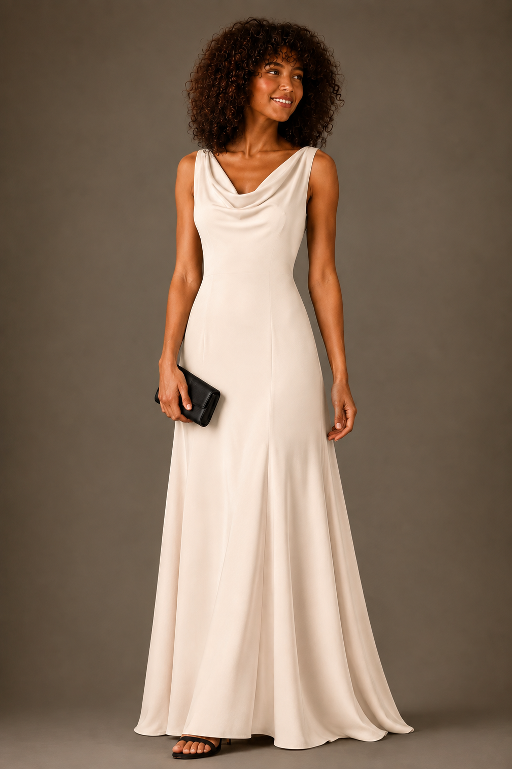 A woman modeling a sleeveless, floor-length cream cowl-neck dress against a solid dark gray studio background, holding a small black clutch.
