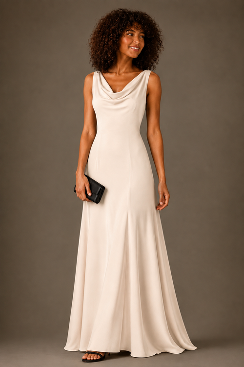 A woman modeling a sleeveless, floor-length cream cowl-neck dress against a solid dark gray studio background, holding a small black clutch.