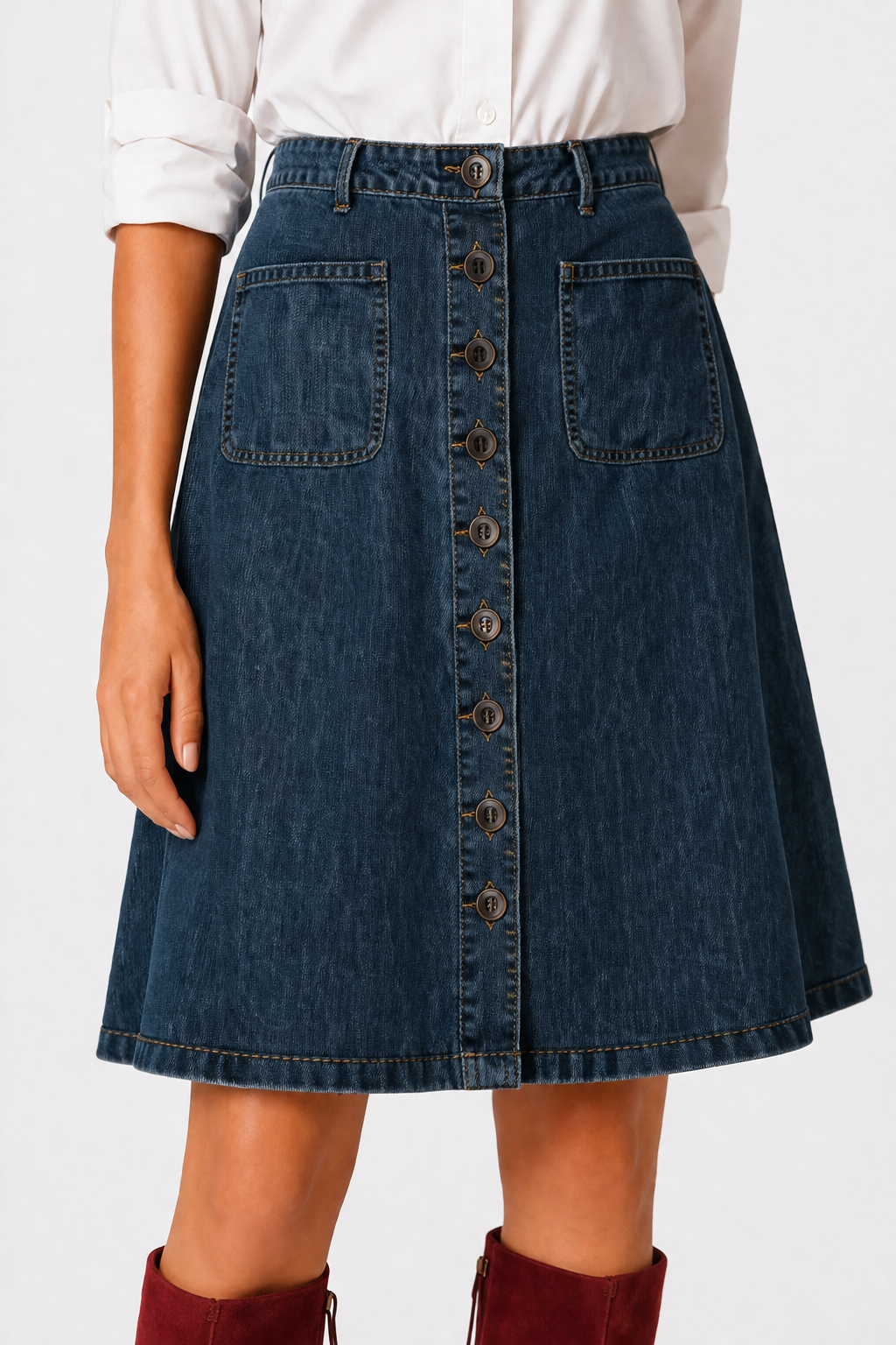 Dark Wash Button-Front Denim A-Line Skirt
