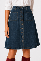 Dark Wash Button-Front Denim A-Line Skirt