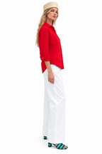 Women’s Red Poplin Button-Down Shirt