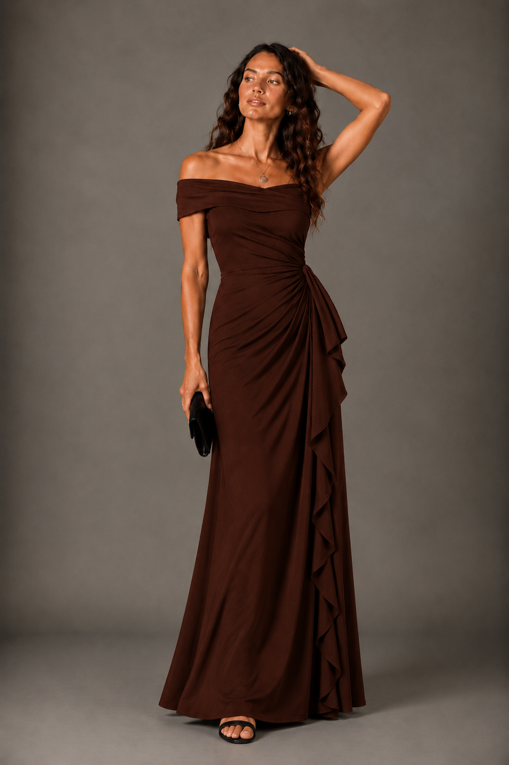 Chocolate Brown Crepe Off-Shoulder Draped Maxi Dress with Ruffle Detail