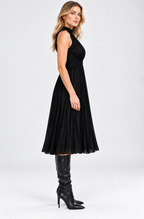 Black satin high neck pleated midi dress