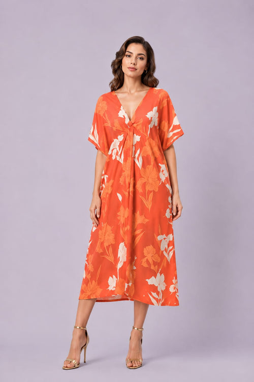 Tropical Floral Print Crepe Kaftan