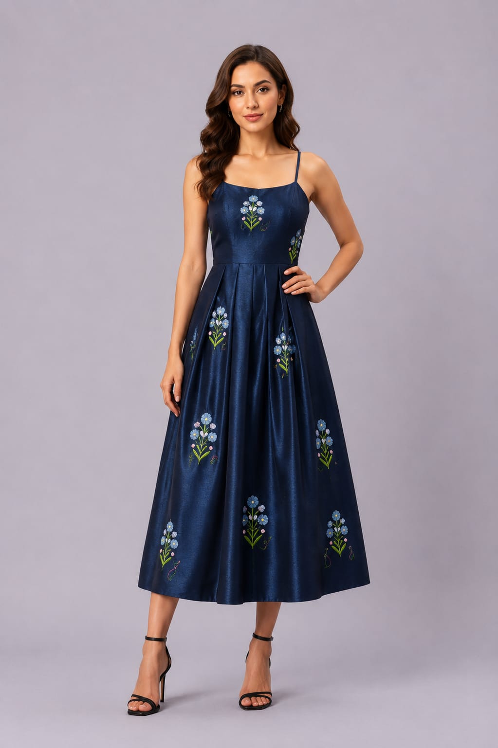 Floral Embroidered Satin Midi Dress