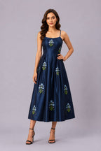Floral Embroidered Satin Midi Dress