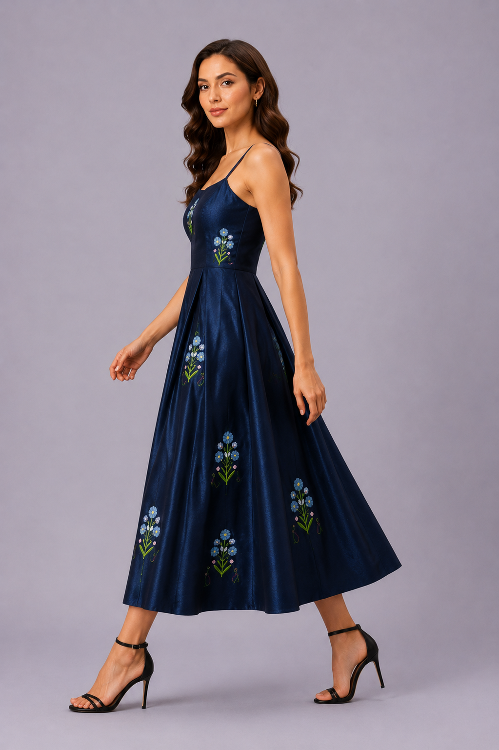 Floral Embroidered Satin Midi Dress