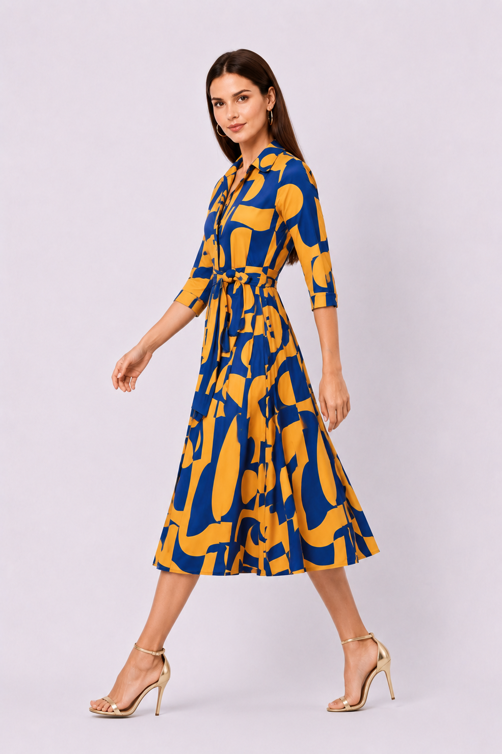 Abstract Print Crepe Sash-Tie Shirtdress