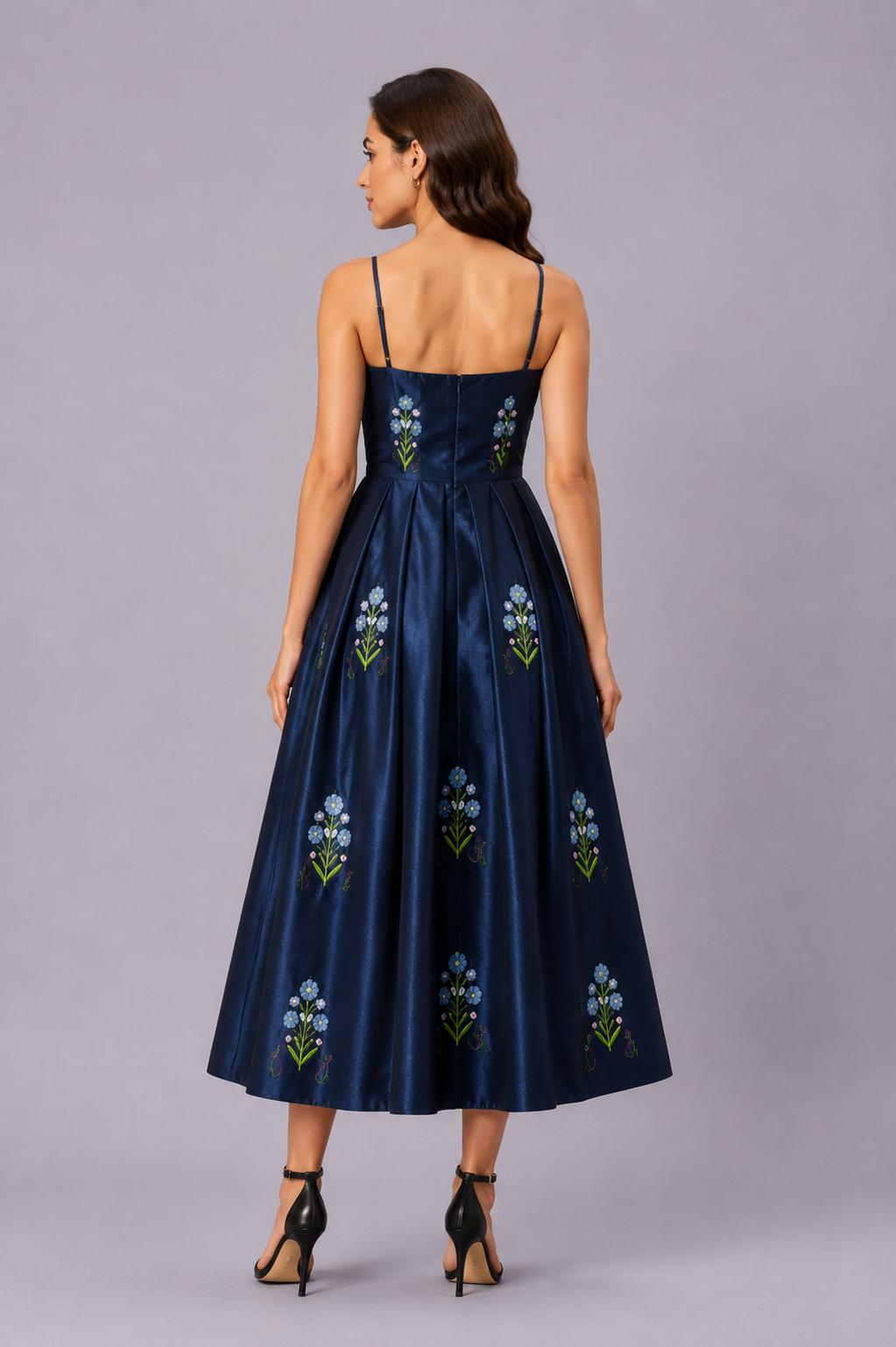 Floral Embroidered Satin Midi Dress