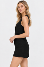 women's black polyester v-neck sleeveless button-front romper with utility pockets