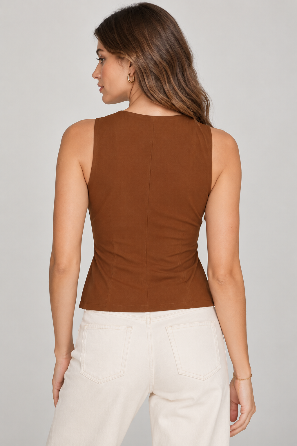 Women’s Brown Cotton Sleeveless Ruched Front Top
