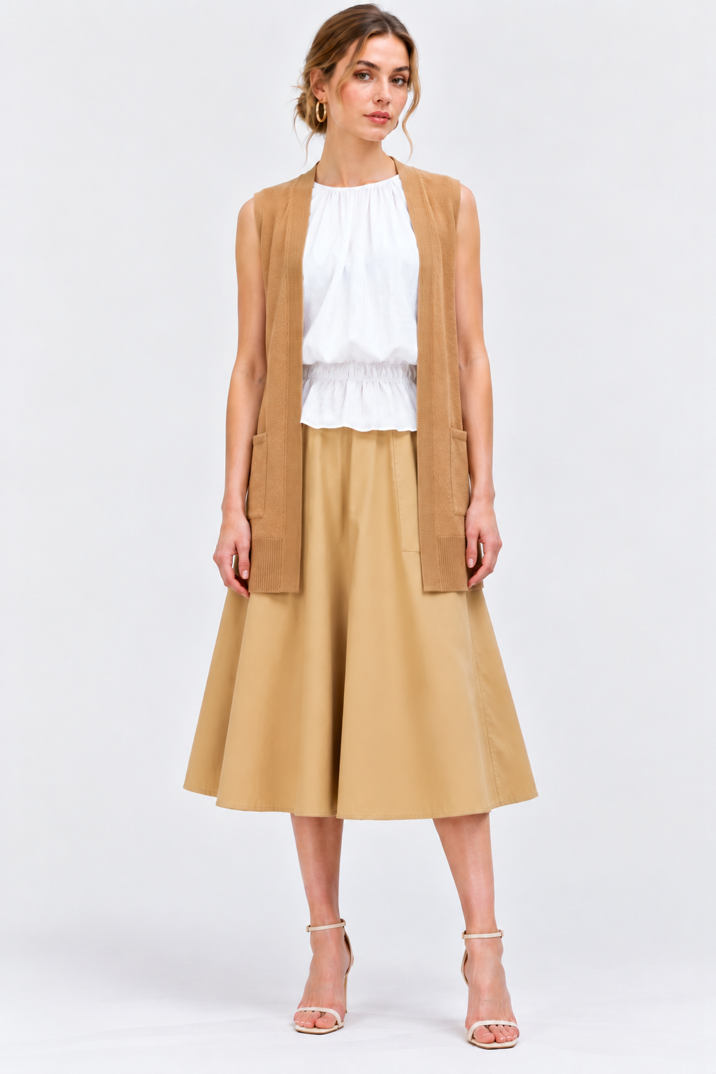 women's camel brown wool blend open-front cardigan with long sleeves and pockets
