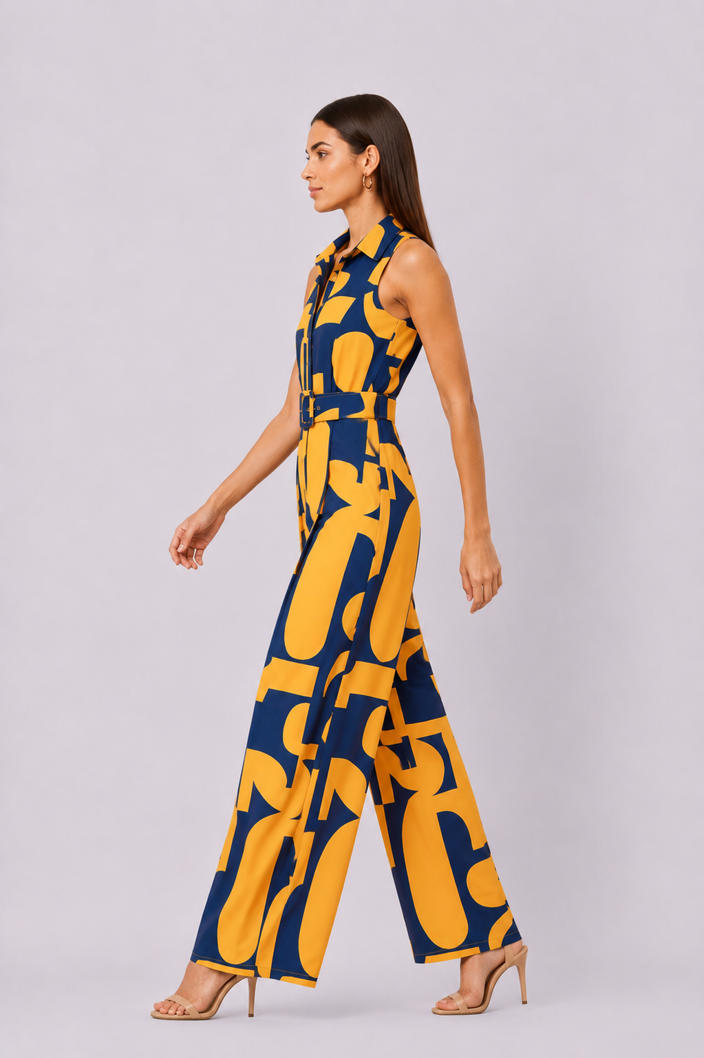 Abstract Print Crepe Belted Palazzo Jumpsuit
