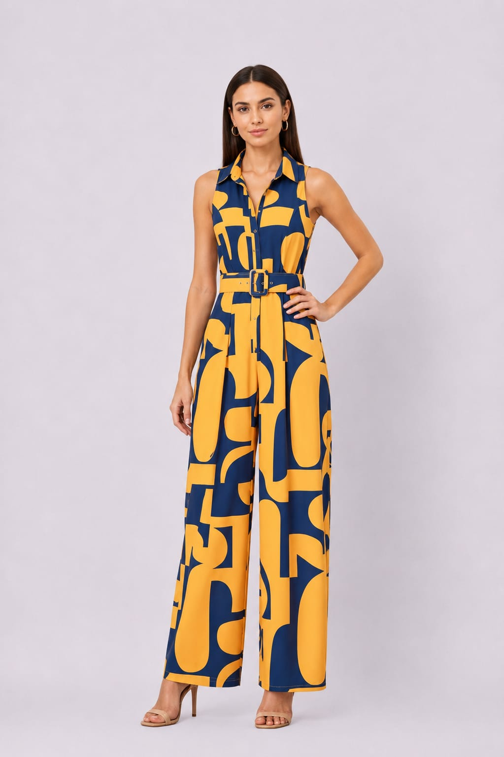 Abstract Print Crepe Belted Palazzo Jumpsuit