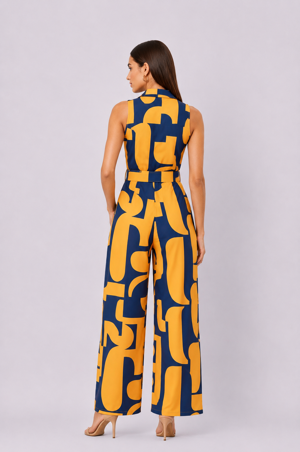 Abstract Print Crepe Belted Palazzo Jumpsuit