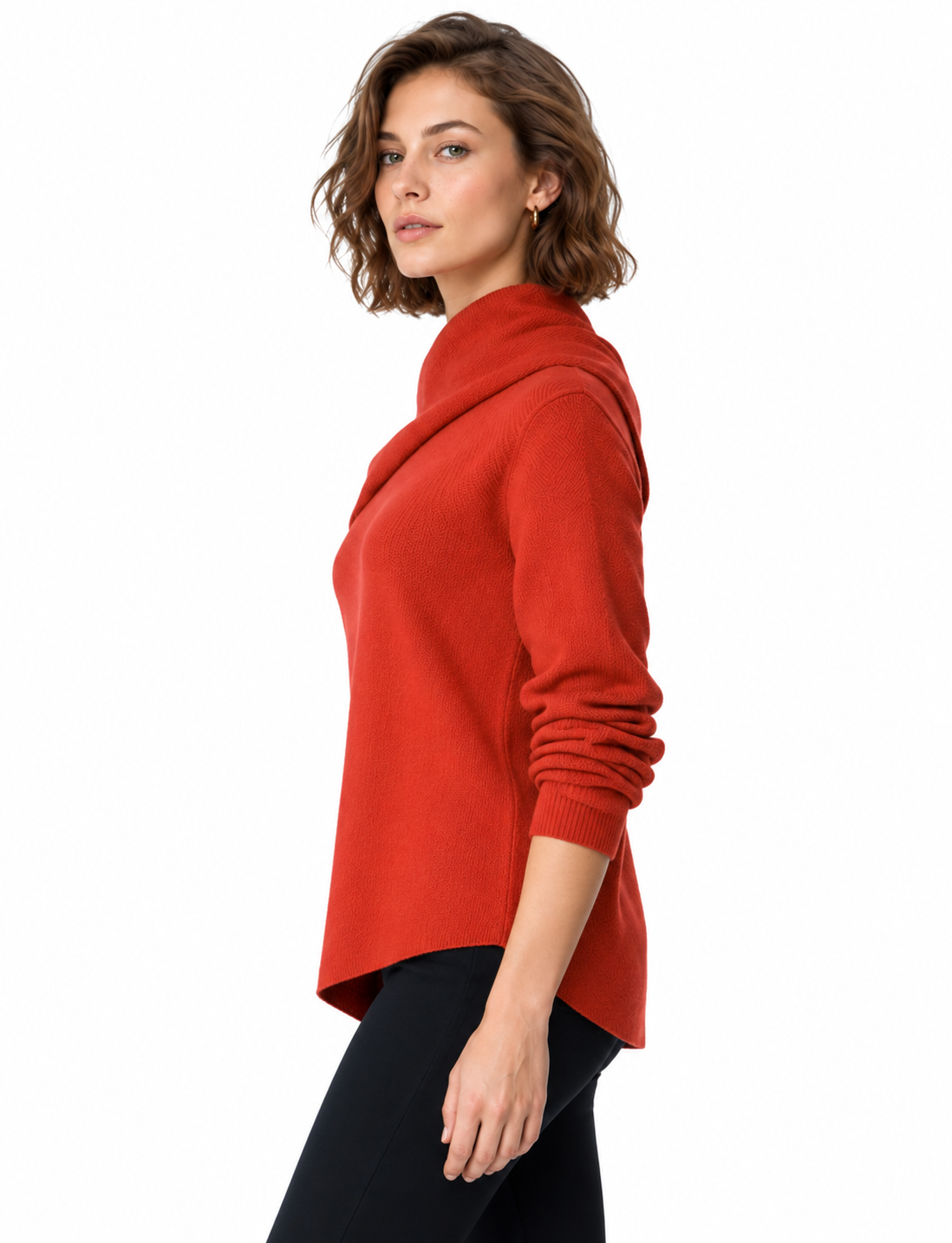 women's rust orange rib knit asymmetric high neck sweater