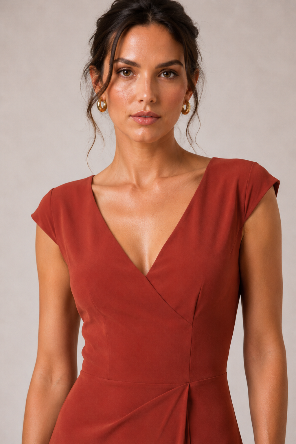 Rust Orange Heavy Crepe Wrap-Style Maxi Dress with V-Neck and Ruffle Detail