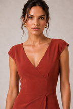 Rust Orange Heavy Crepe Wrap-Style Maxi Dress with V-Neck and Ruffle Detail
