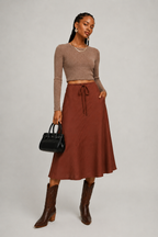 Rust Drawstring A-Line Midi Skirt