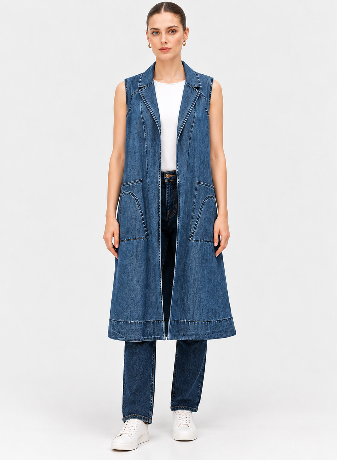 Women's Blue Denim Longline Coat with Contrast Stitching & Patch Pockets | Casual Long Denim Jacket