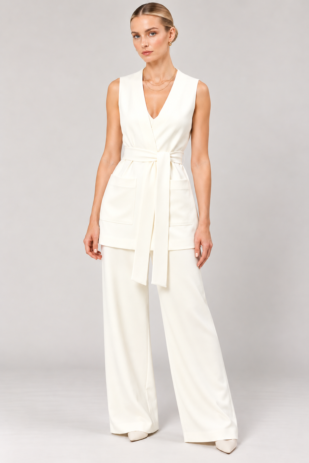 Women's Ivory White Twill Wrap Vest with Self-Tie Belt | Sleeveless V-Neck Waistcoat