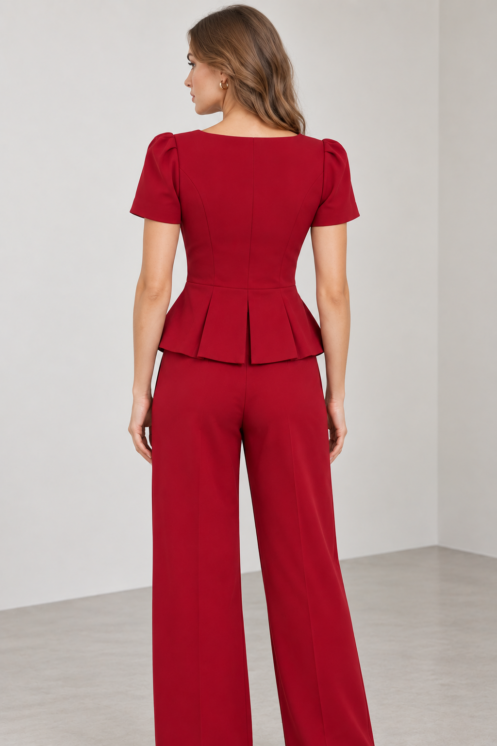 Women’s Red Cotton Blend Square Neck Peplum Top
