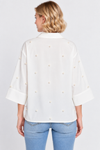 Women’s White Cotton Pearl-Detail Relaxed Top