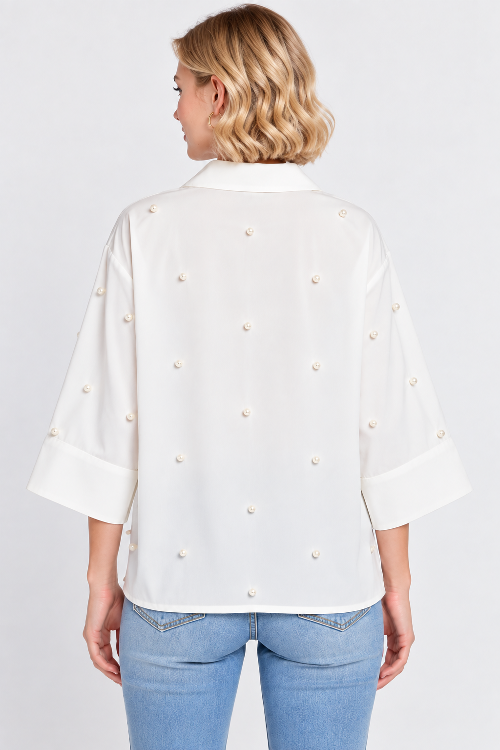 Women’s White Cotton Pearl-Detail Relaxed Top