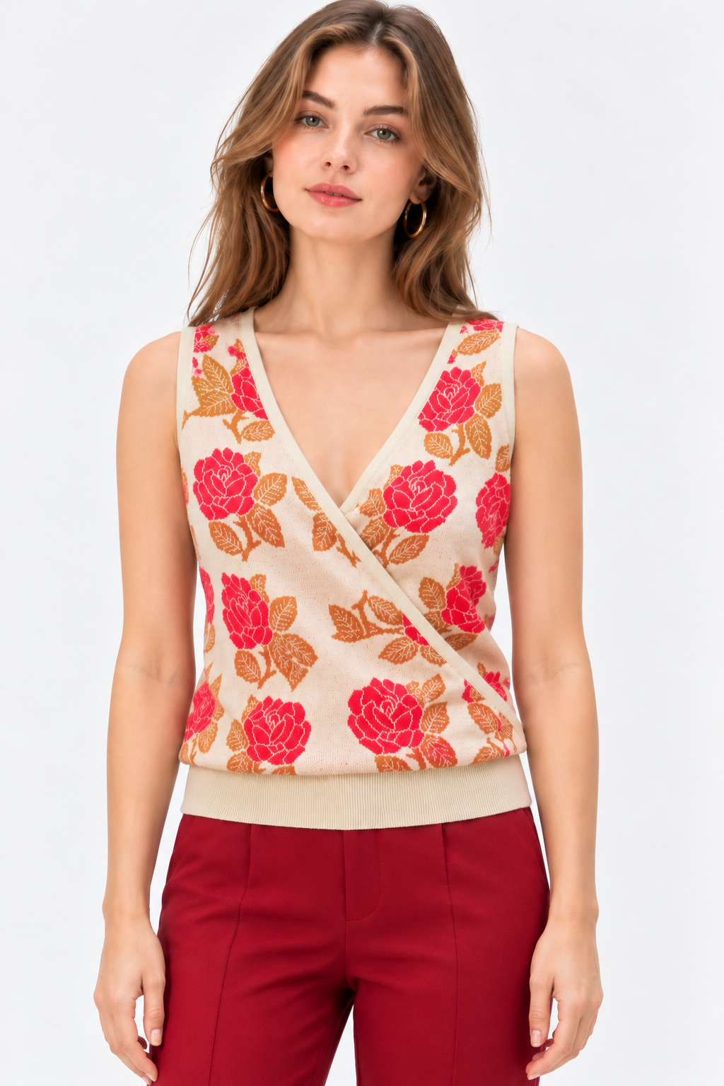Floral Jacquard Wrap Knit Sweater for Women