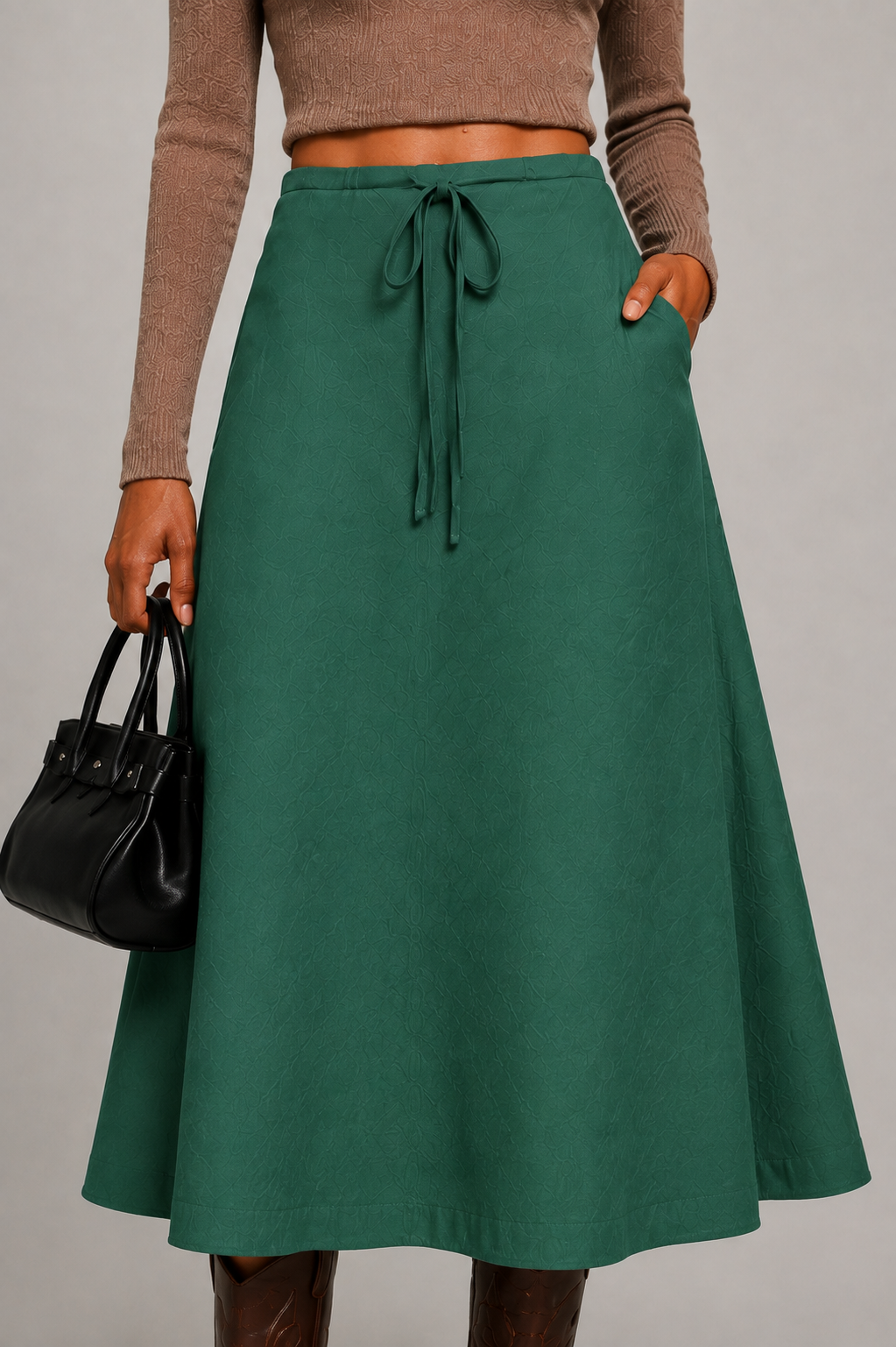 Emerald Green Drawstring A-Line Midi Skirt