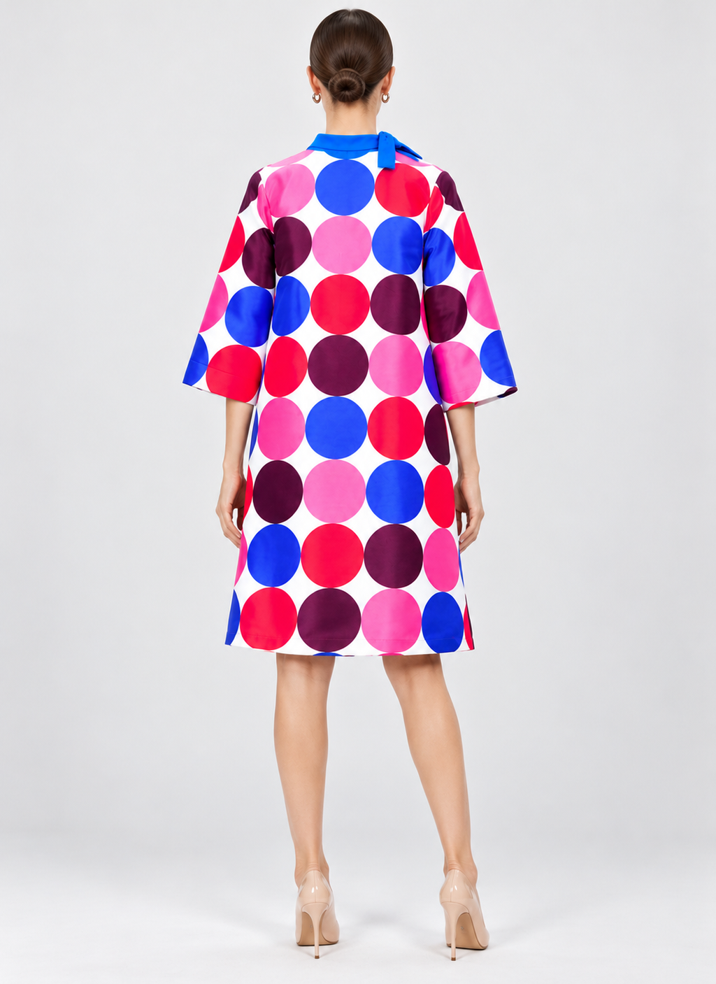 Women's Multicolor Polka Dot Dupioni Silk Coat Dress with Blue Bow Collar