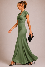 Sage Green Crepe Wrap-Style Maxi Dress with Short Sleeves