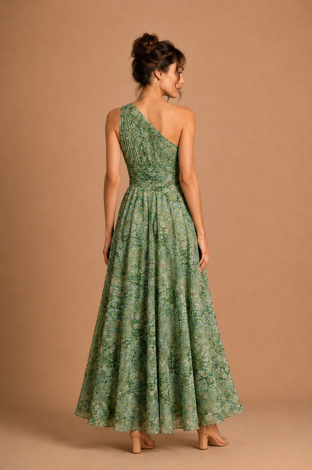One-Shoulder Pleated Floral Chiffon Maxi Dress