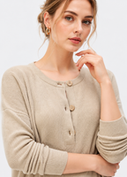 women's beige linen cotton rib knit button-front dress with three-quarter sleeves