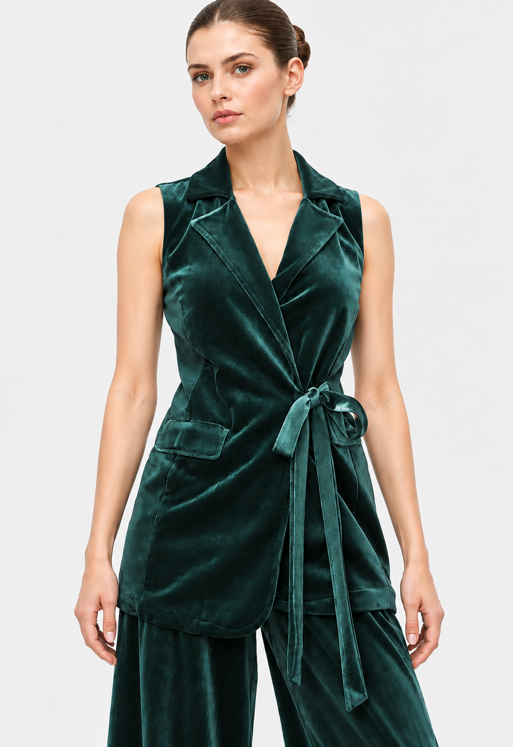 Women's Teal Green Velvet Belted Blazer Jacket with Puff Sleeves | Elegant Winter Outerwear