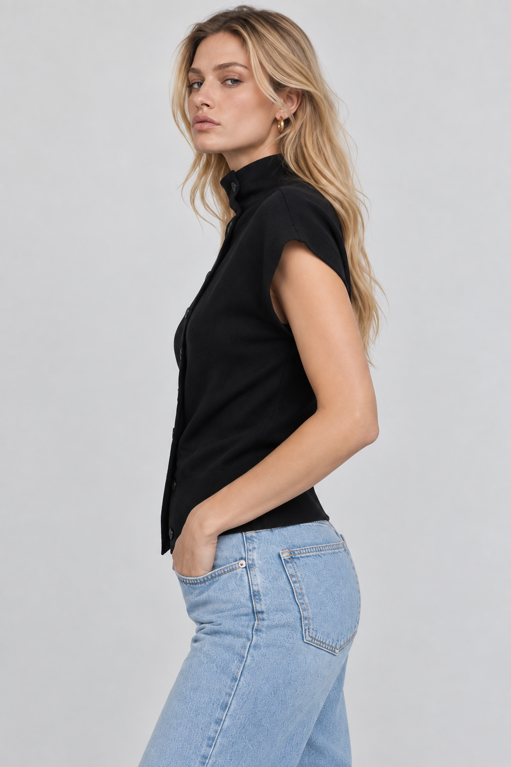 Women’s Black Cotton High-Neck Button-Down Top