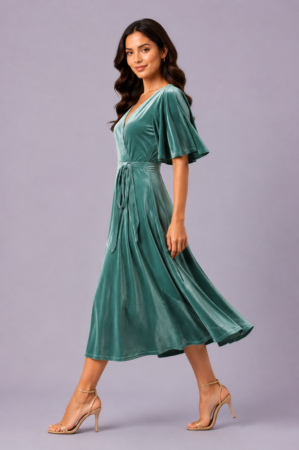 Flutter Sleeve Stretch Velvet Wrap Dress