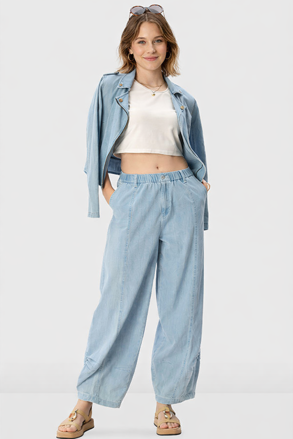 Cotton Denim Shirred Wide Leg Jeans