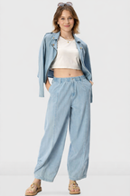 Cotton Denim Shirred Wide Leg Jeans