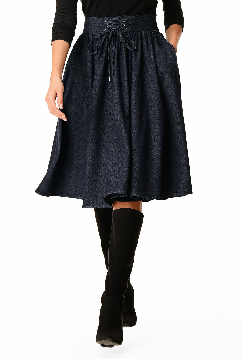 Lace-Up Front Cotton Denim Skirt