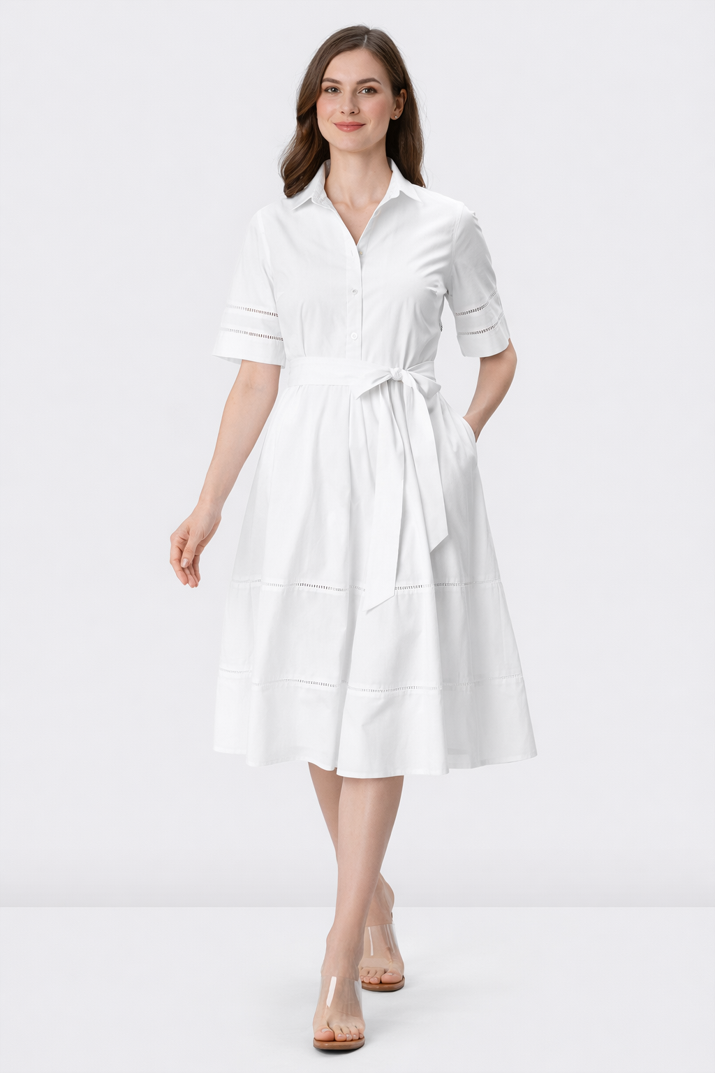 Lattice Trim Cotton Poplin Shirtdress