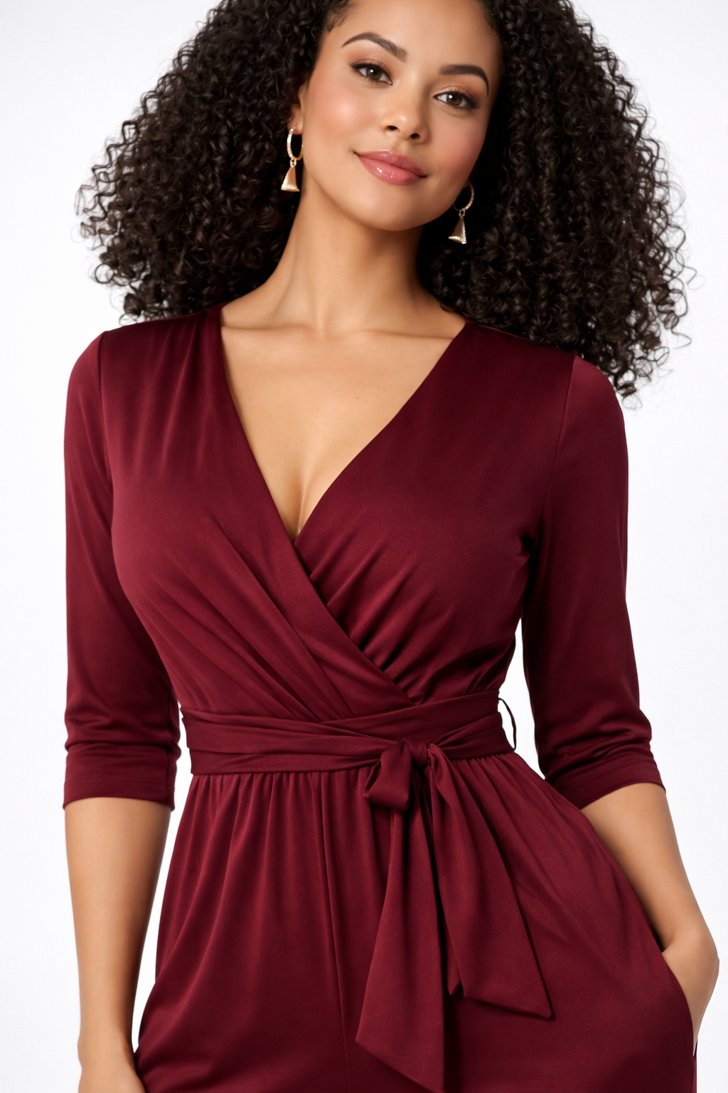 Tie Waist Empire Jersey Palazzo Jumpsuit – Wine Burgundy