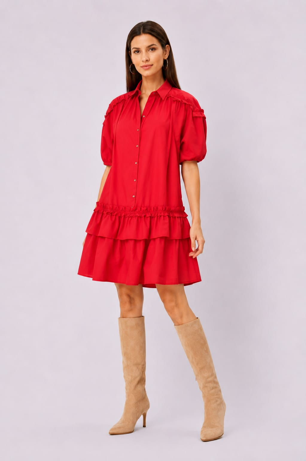 Ruffle Frill Trim Cotton Poplin Shift Dress