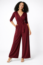 Tie Waist Empire Jersey Palazzo Jumpsuit – Wine Burgundy