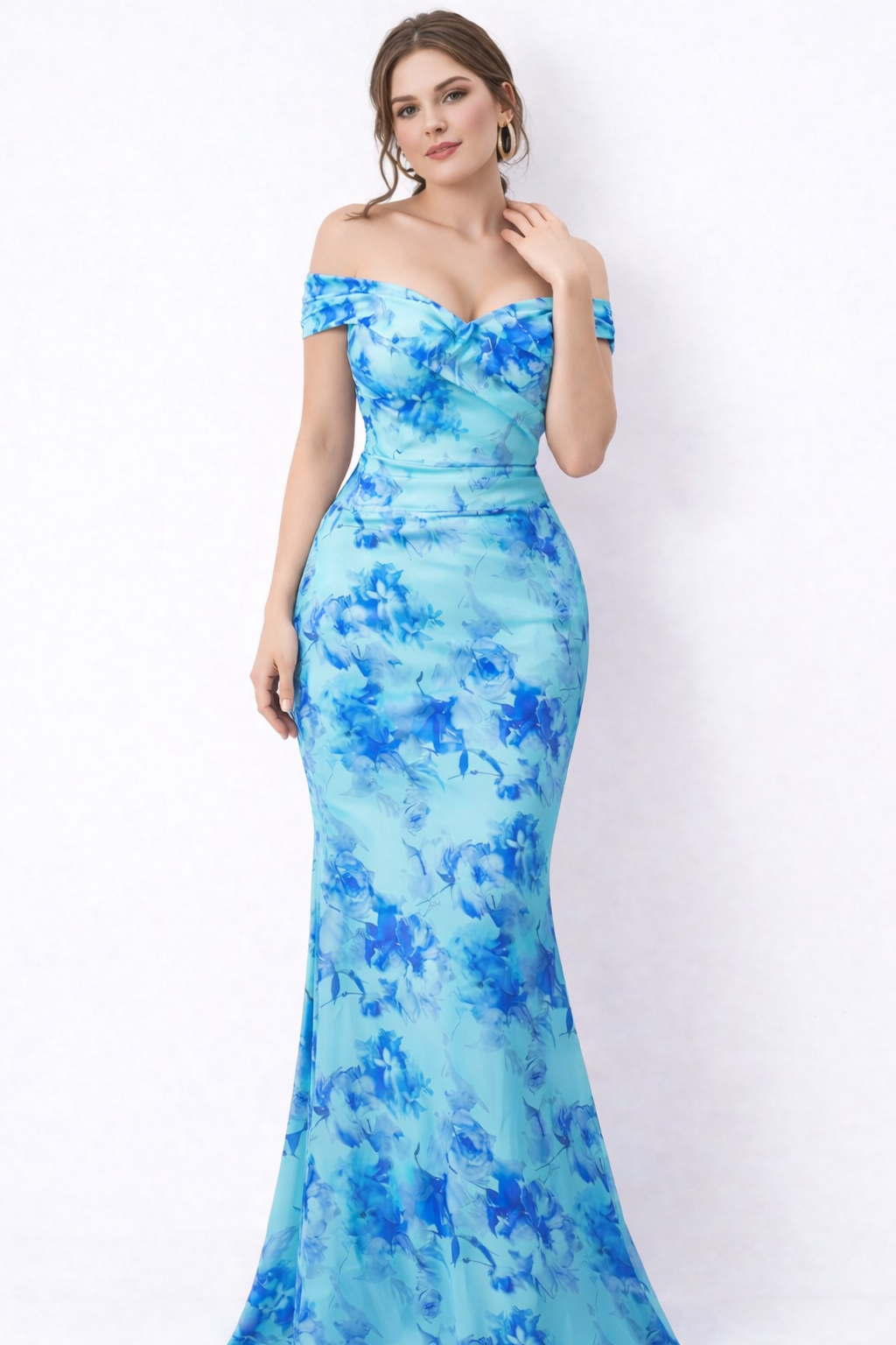 Blue Floral Off-Shoulder Mermaid Maxi Dress