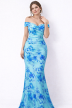 Blue Floral Off-Shoulder Mermaid Maxi Dress