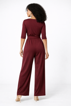 Tie Waist Empire Jersey Palazzo Jumpsuit – Wine Burgundy