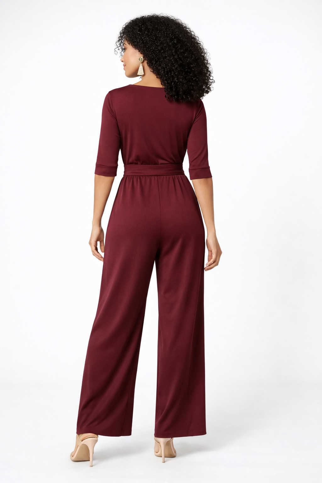 Tie Waist Empire Jersey Palazzo Jumpsuit – Wine Burgundy