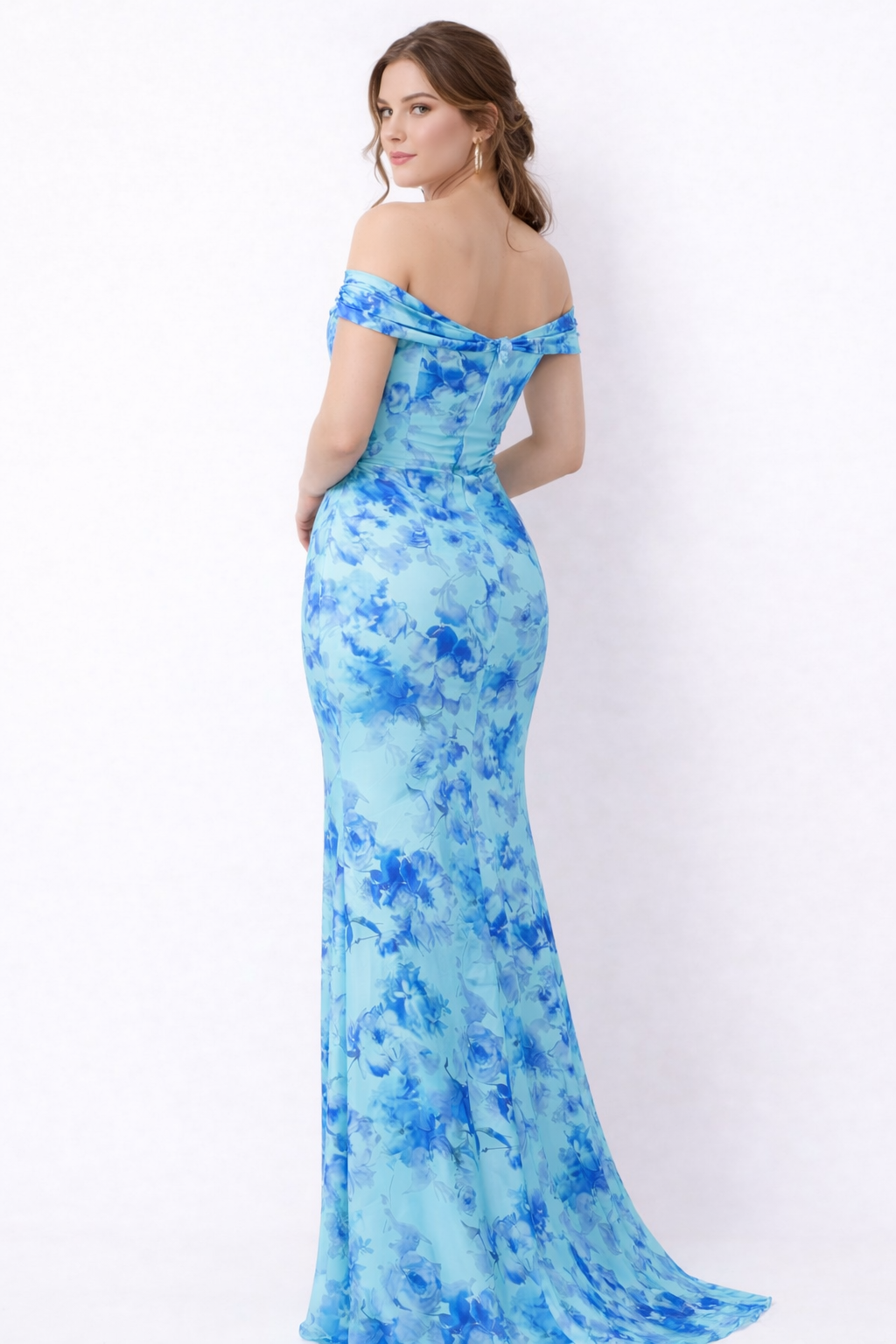Blue Floral Off-Shoulder Mermaid Maxi Dress