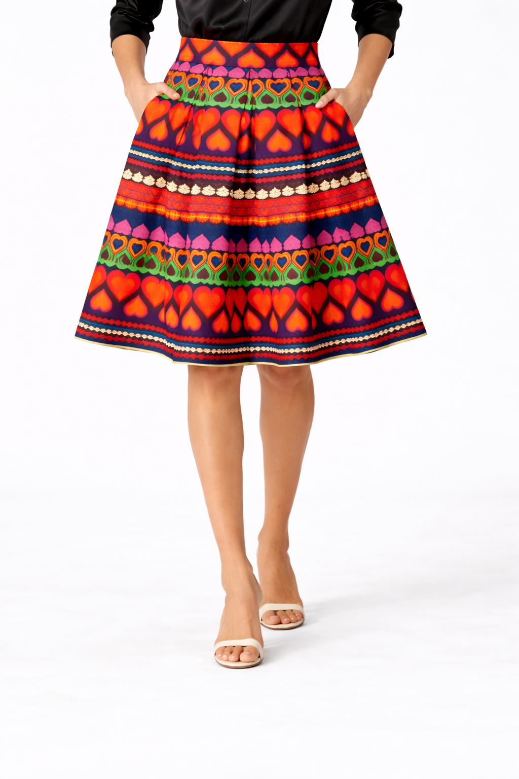 Heart Print Dupioni Pleated Full Skirt
